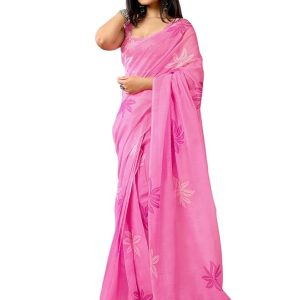Satrani Women's Chanderi Cotton Printed Ready To Wear One Minute Pre Stitched Saree with Unstitched Blouse Piece