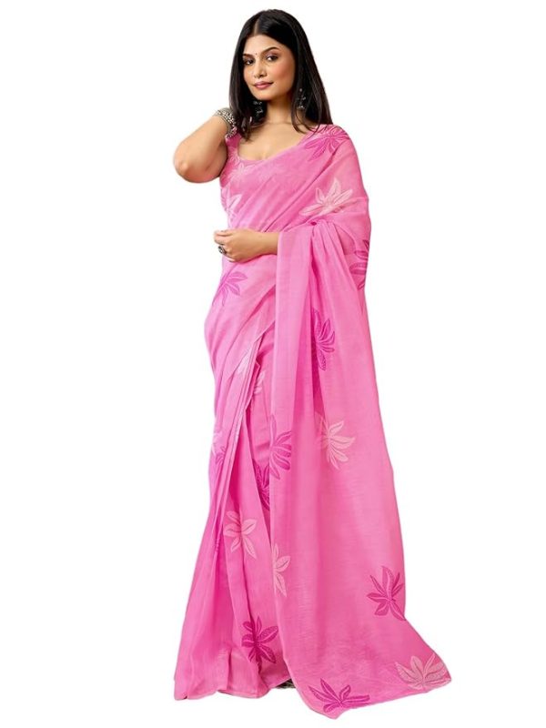 Satrani Women's Chanderi Cotton Printed Ready To Wear One Minute Pre Stitched Saree with Unstitched Blouse Piece