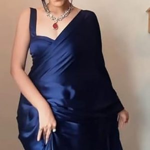 SHOPAZ Women's Ready to Wear Plain Navy Blue Satin Silk 1 Minute Pre Pleated Saree With Unstitched Blouse