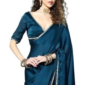 SATAZ Women's Ready to Wear Regal Blue Satin Silk 1 Minute Pre Pleated Mirror Saree with Unstiched Blouse